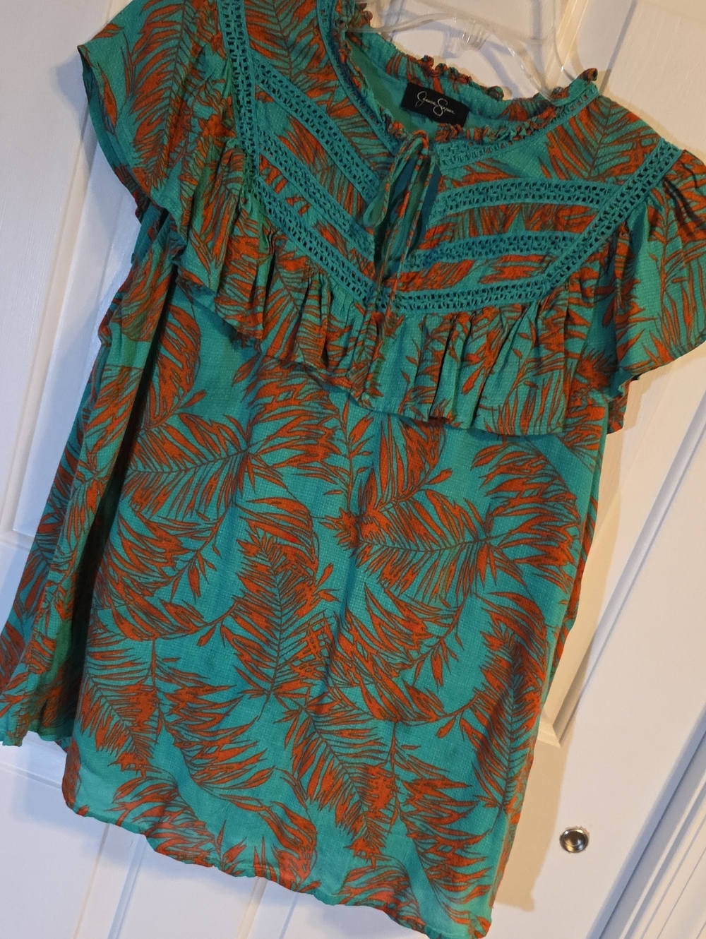 Teal and Rust Leaf-Print Ruffle Yoke Blouse T129